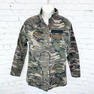 JET JOHN ESHAYA CAMO ANTIQUE BRASS STUDDED DRAWSTRING WAIST JACKET - M/L